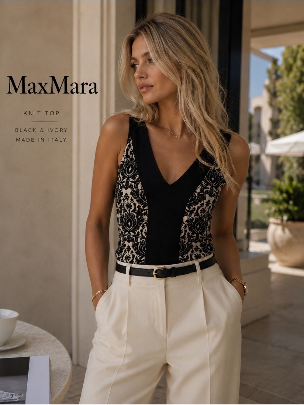 🇮🇹 Authentic Max Mara Knit Top Size S Black Ivory V-Neck Designer Luxury